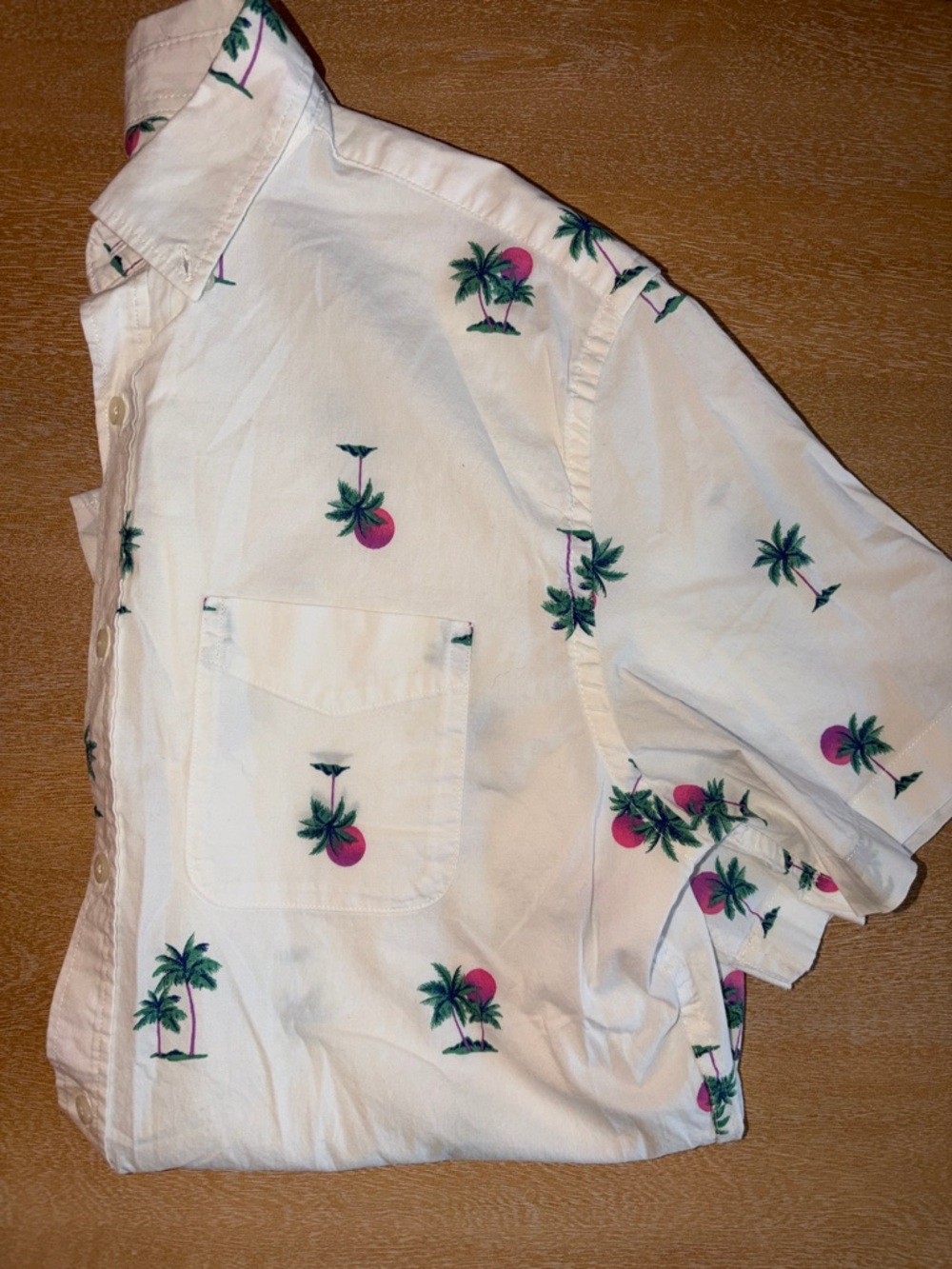 Old Navy White Short-Sleeve Button-Down Shirt with Green Palm & Pink Sun Print